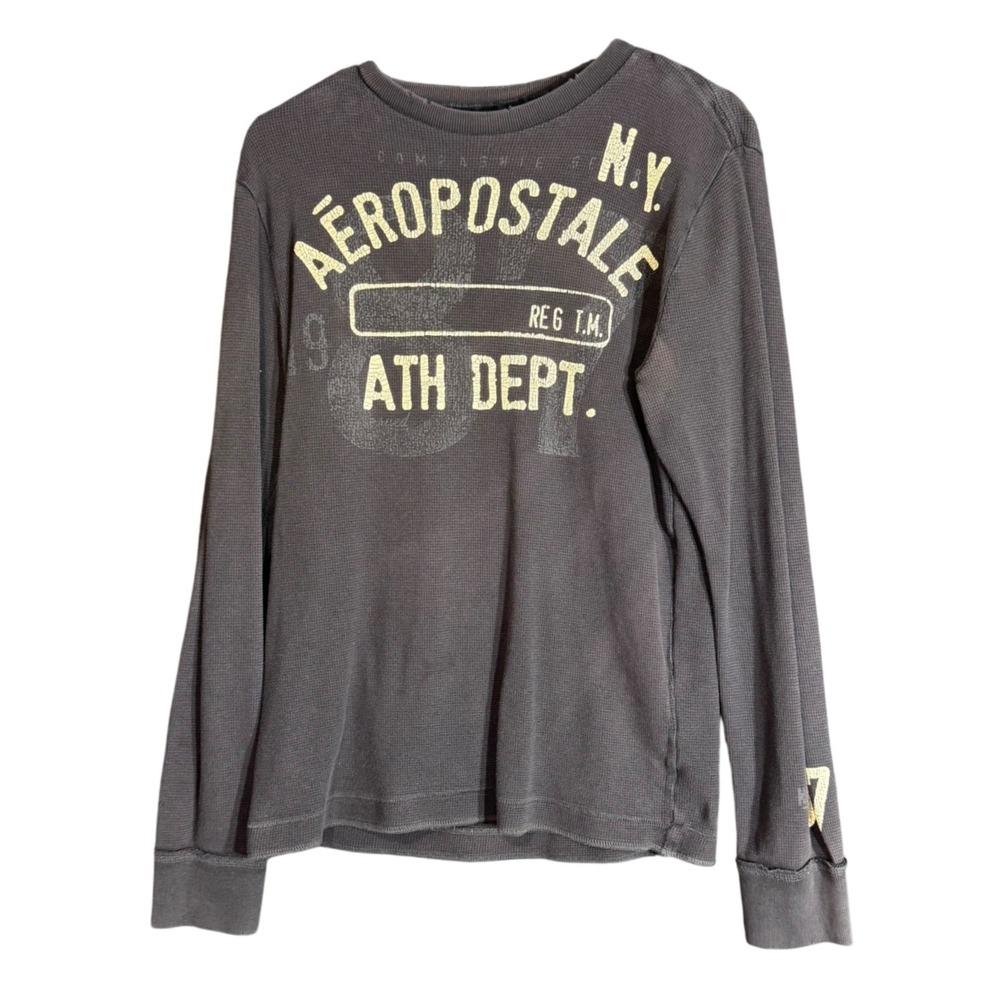 Aeropostale Mens Size Small Waffle Knit Shirt Gray Distressed Graphic Thermal - Picture 2 of 12